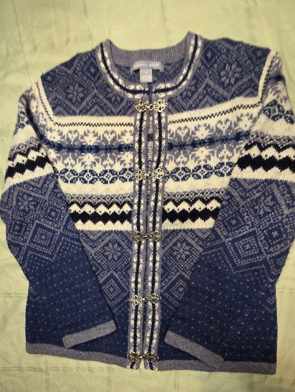 Carroll Reed Vintage 100% Wool Fair Isle Cardigan Blue Nordic Silver Clasps S